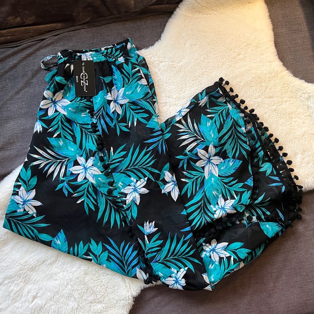 NWT Club Z Collection Wide Leg Split Thigh cover-up pant w/ pom-pom trim Sz 1X